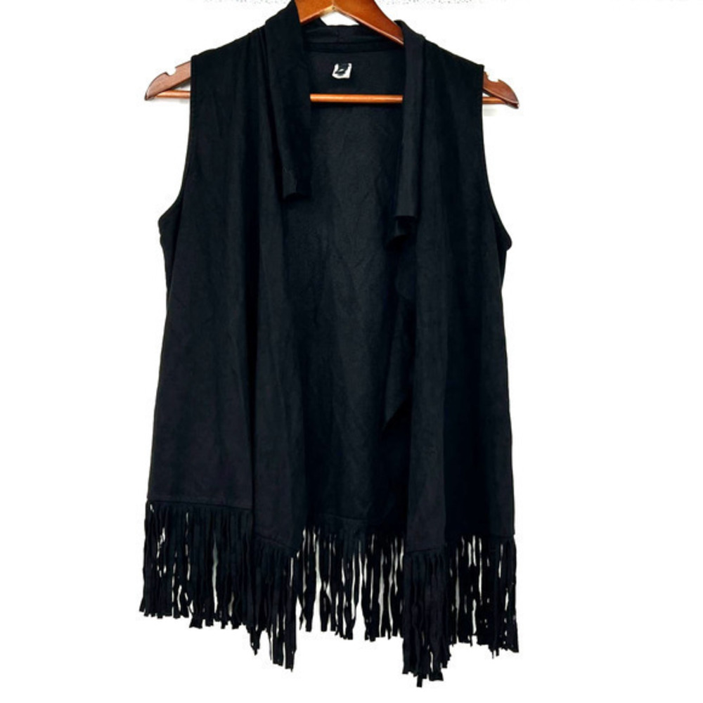 Apt 9 black open front fringe sleeveless top vest faux leather OS one size